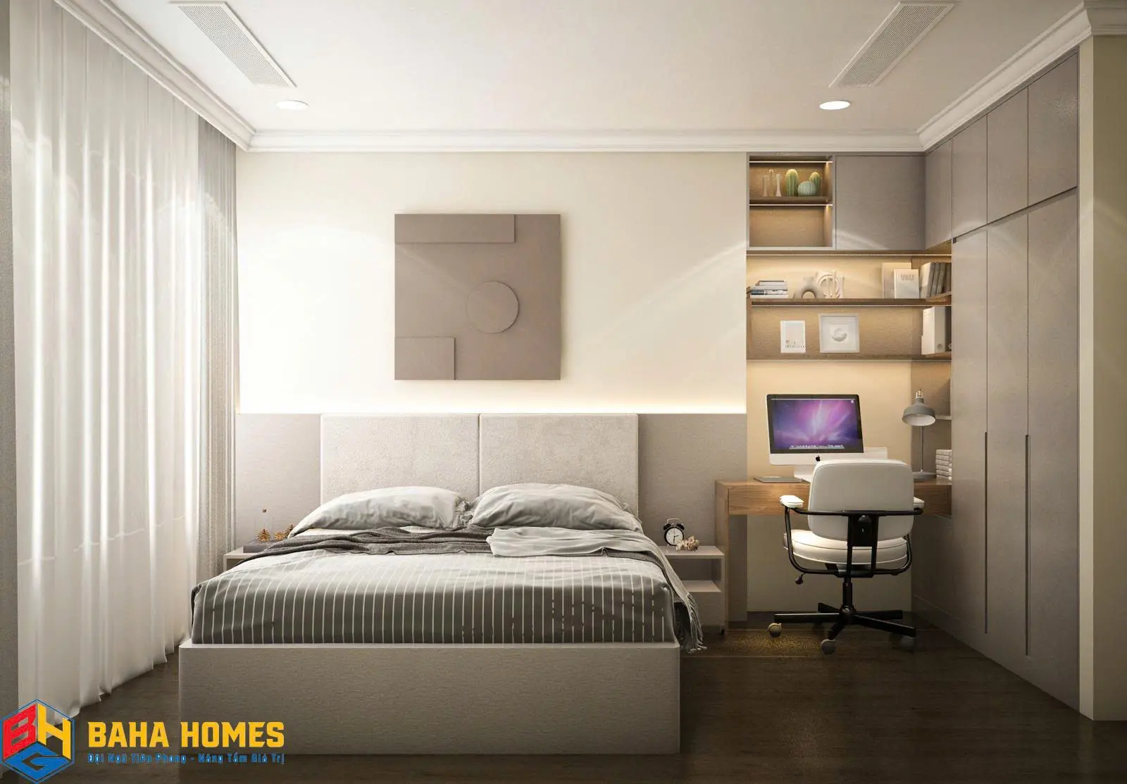 Thiết kế thi công nội thất phòng ngủ căn hộ chung cư 2 phòng ngủ tại Baha Homes