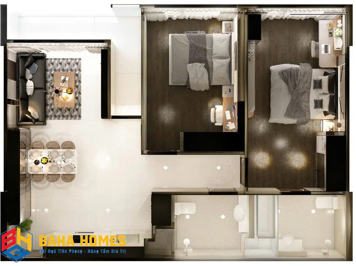 Thiết kế thi công nội thất căn hộ chung cư 2 phòng ngủ