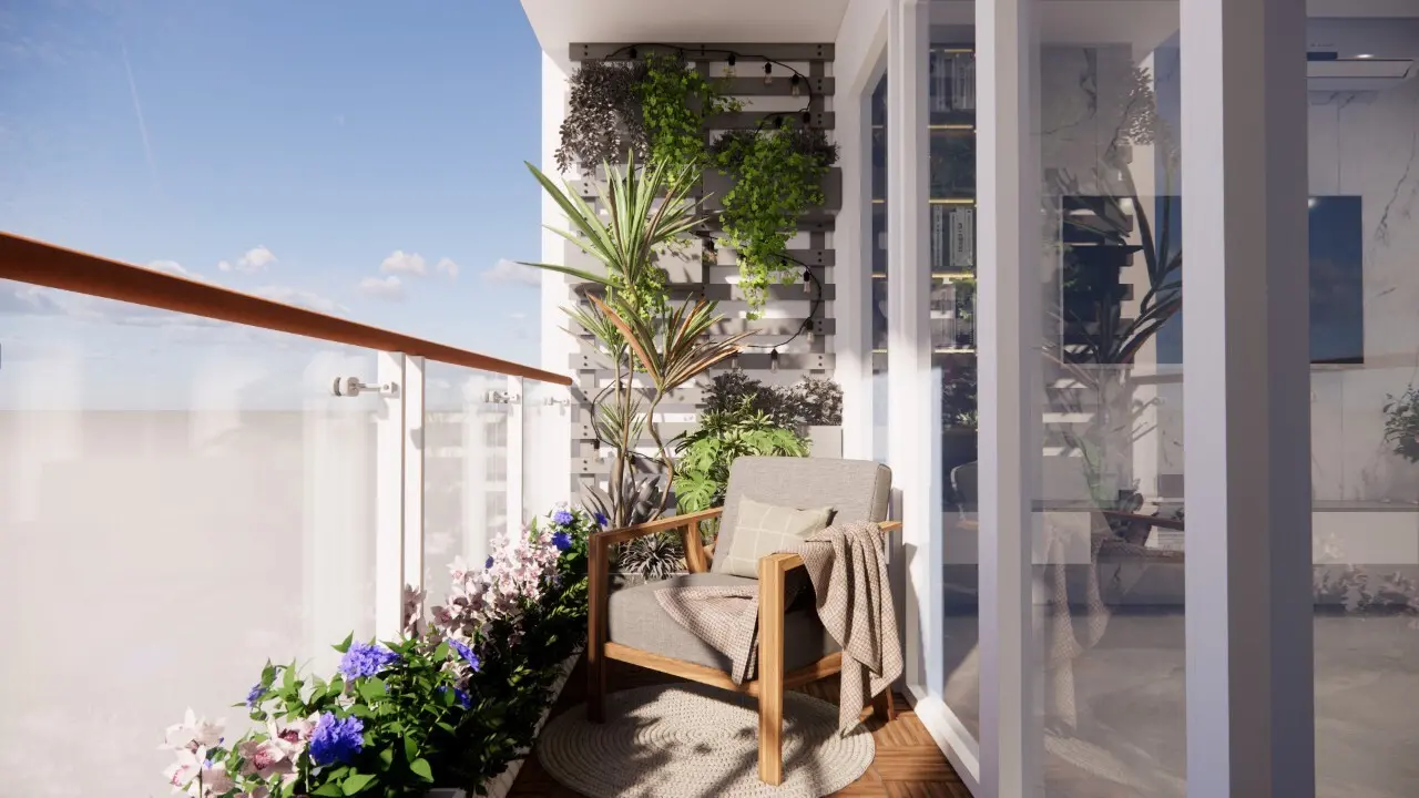 Ban công căn hộ trồng nhiều cây xanh, tạo không gian thư giãn