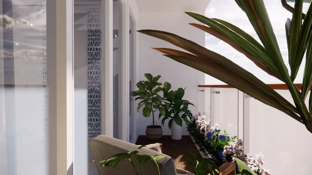 Thiết kế ban công với cây xanh và bộ bàn ghế ngoài trời