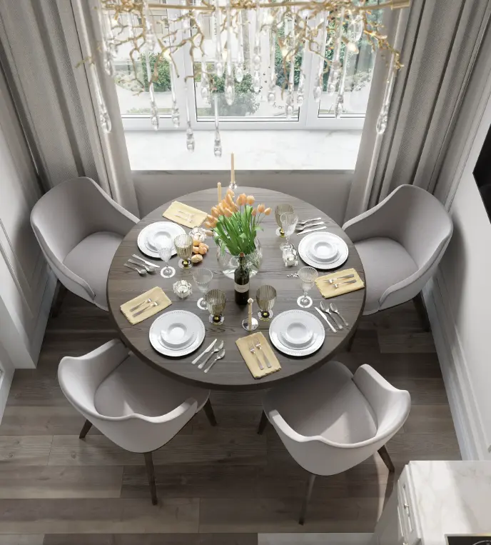 Bộ bàn ăn từ gỗ tự nhiên và vải da cho bếp