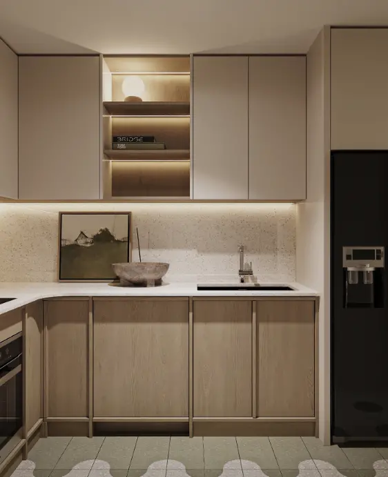 Dự án thi công tủ bếp gỗ công nghiệp phủ melamine cho căn hộ Vinhomes