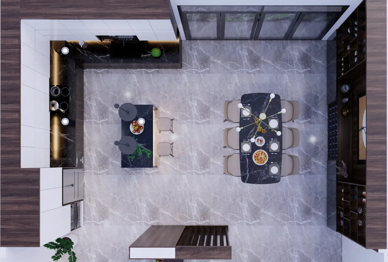 Hình ảnh toàn cảnh mẫu thiết kế nội thất phòng bếp