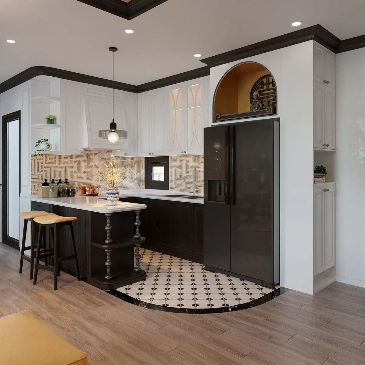 Mẫu thiết kế thi công nội thất phòng bếp căn hộ chung cư quận 9 phong cách Indochine