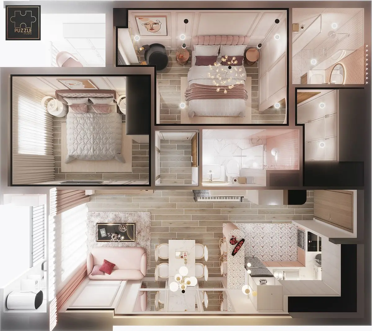 mẫu thiết kế nội thất căn hộ chung cư 2 phòng ngủ