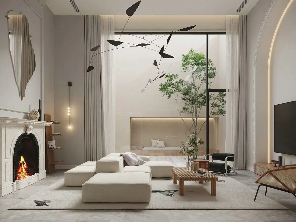 Mẫu thiết kế nội thất phòng khách nhà ống với cửa kính tận dụng ánh sáng tự nhiên