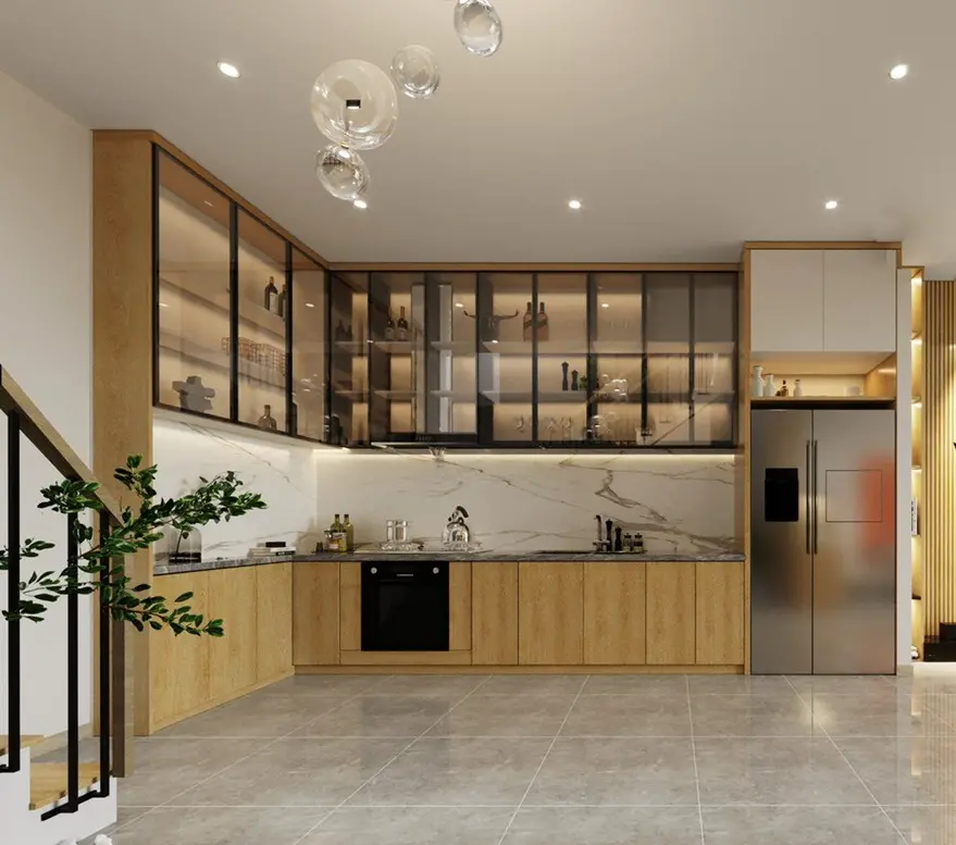 Mẫu thiết kế nội thất phòng bếp nhà phố có tủ bếp kịch trần-1