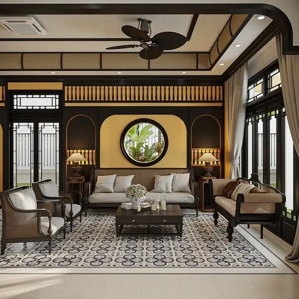 Mẫu thiết kế nội thất phòng khách phong cách Indochine