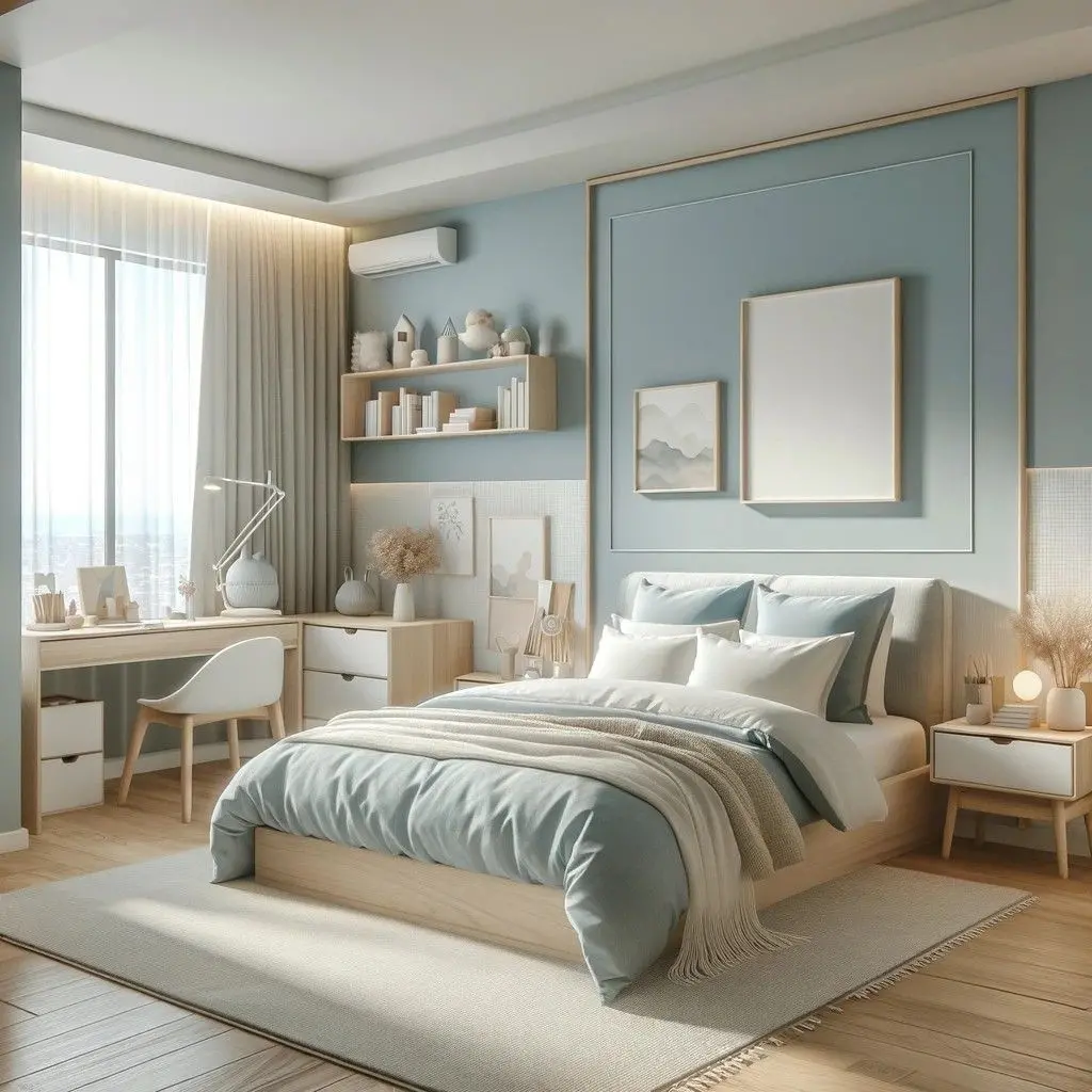 Mẫu thiết kế nội thất phòng ngủ cho bé gái tông xanh