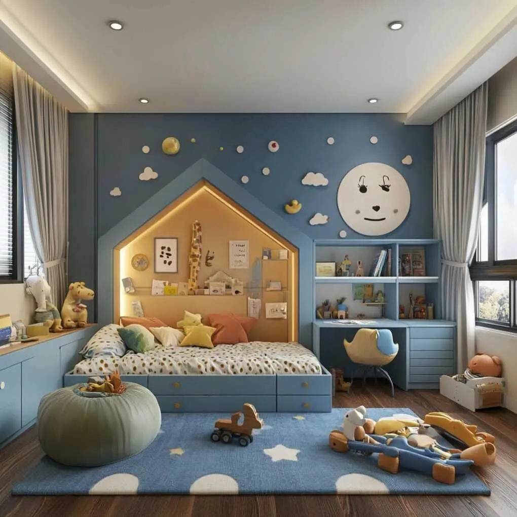 Mẫu thiết kế nội thất phòng ngủ cho bé trai tông xanh dương