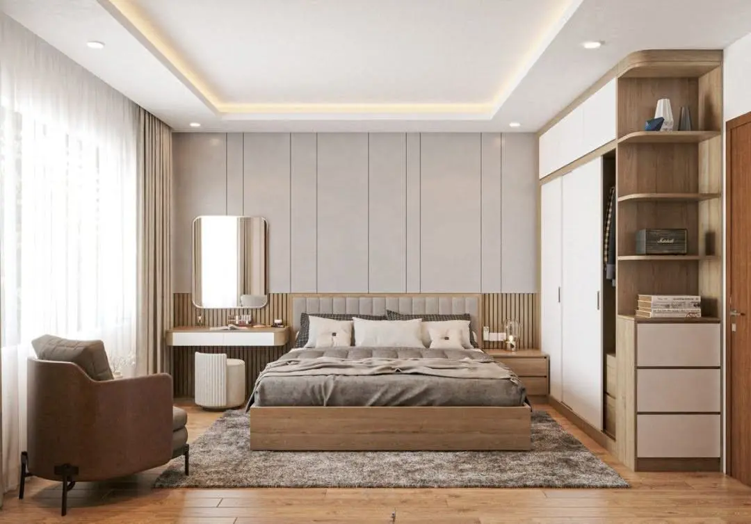 Mẫu thiết kế nội thất phòng ngủ được bố trí hợp lý tủ quần áo, bàn trang điểm, rèm cửa