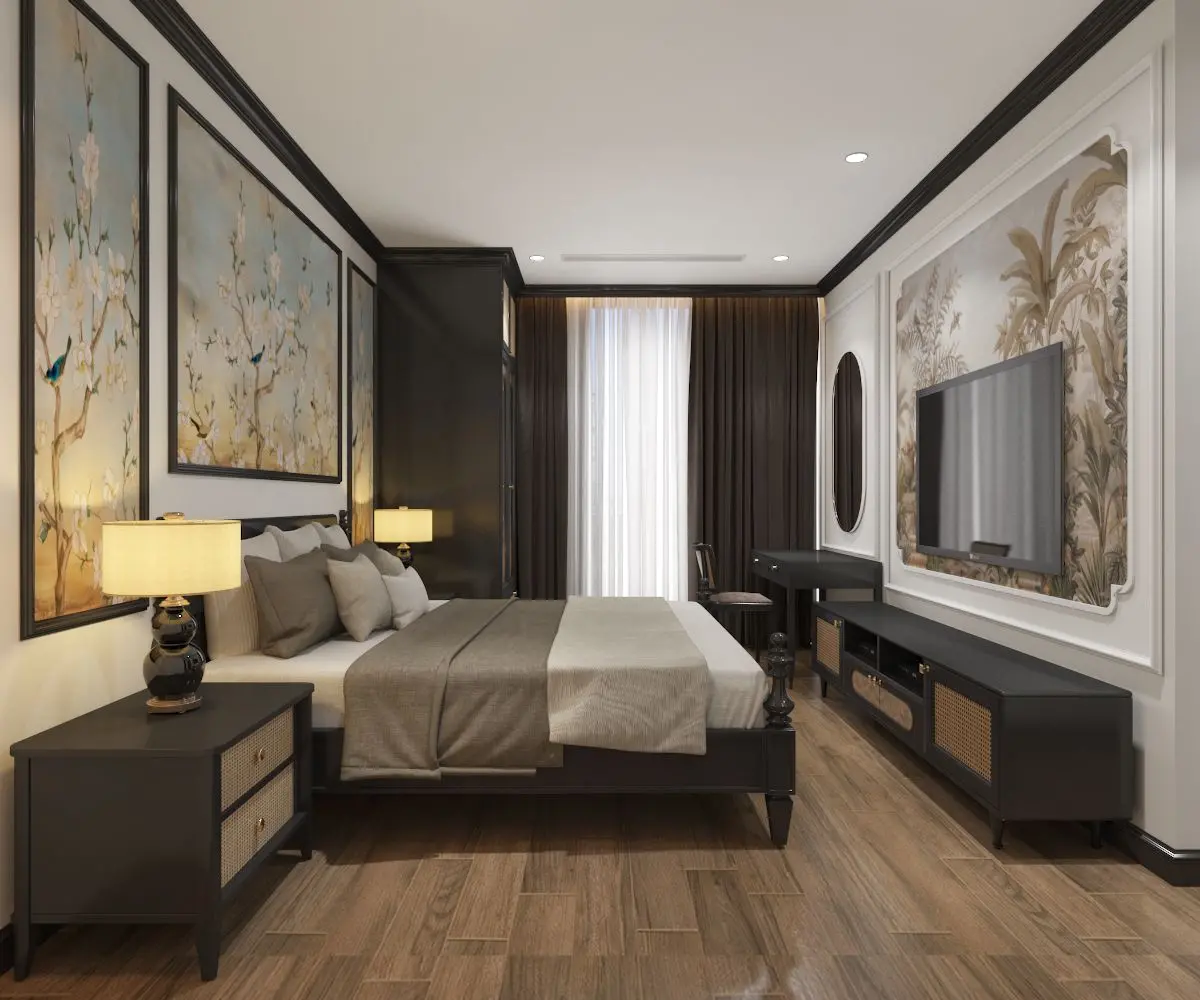 mẫu thiết kế nội thất phòng ngủ phong cách Indochine