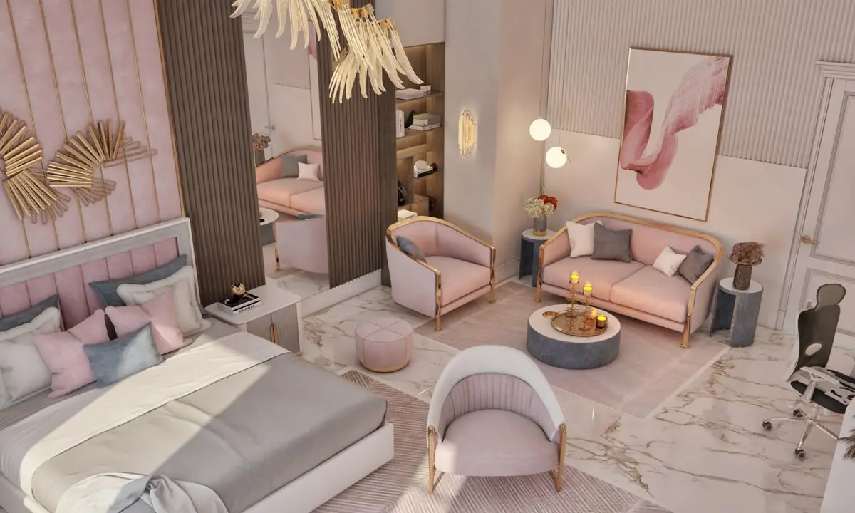 Mẫu thiết kế nội thất phòng ngủ phong cách Luxury tông hồng