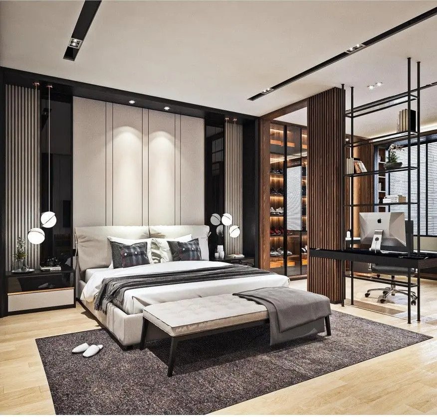 Mẫu thiết kế nội thất phòng ngủ 20m2 kèm không gian làm việc và thay đồ