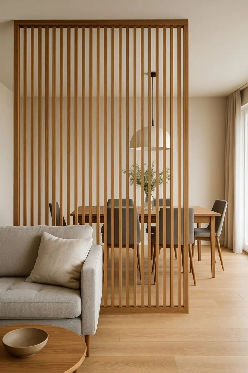 Mẫu thiết kế nội thất với vách ngăn phòng khách và bếp bằng gỗ CNC