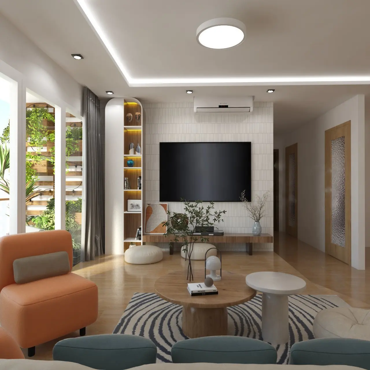 Thiết kế nội thất phòng khách chung cư với bàn trà và kệ TV