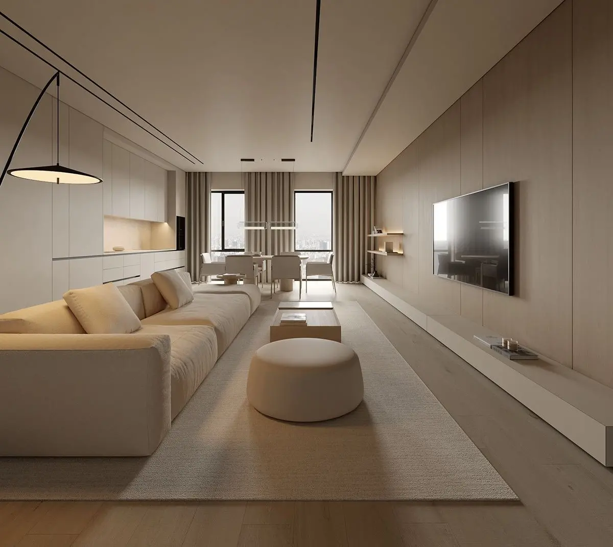 Thi công nội thất phòng khách liền bếp chung cư