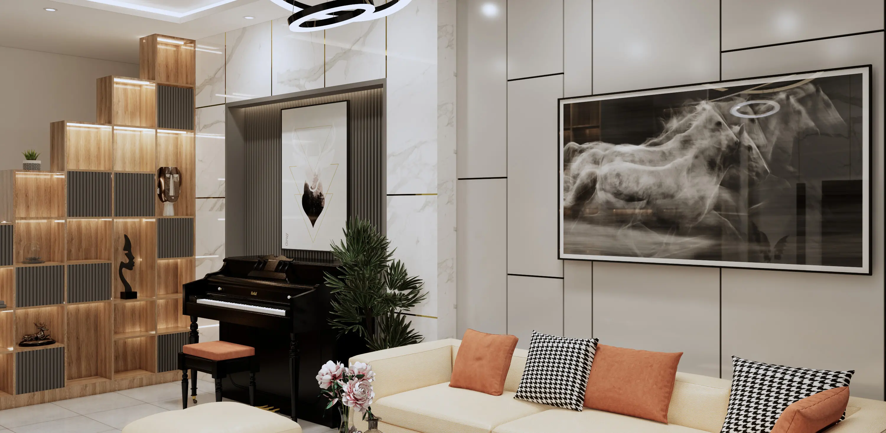 Thiết kế nội thất phòng khách nhà phố cùng các đồ trang trí (đàn, tranh)