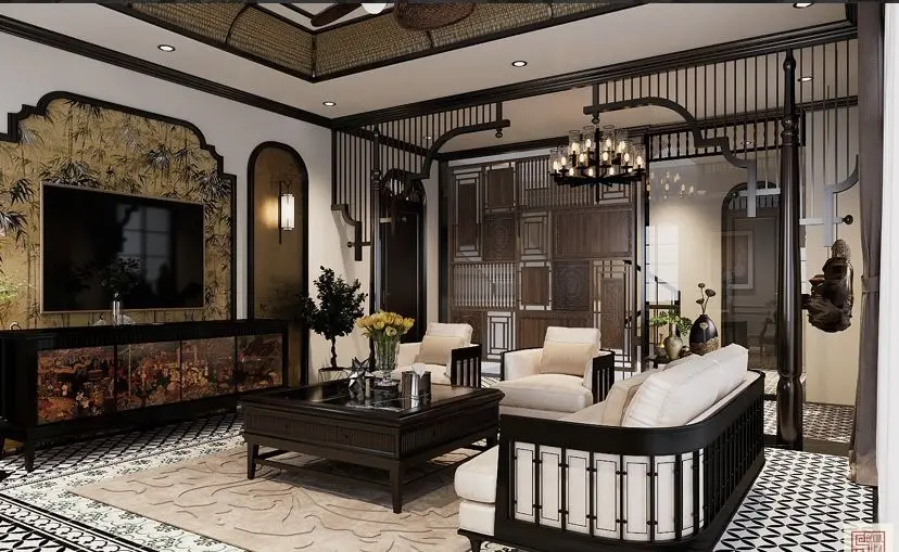 Thiết kế nội thất phòng khách phong cách Indochine