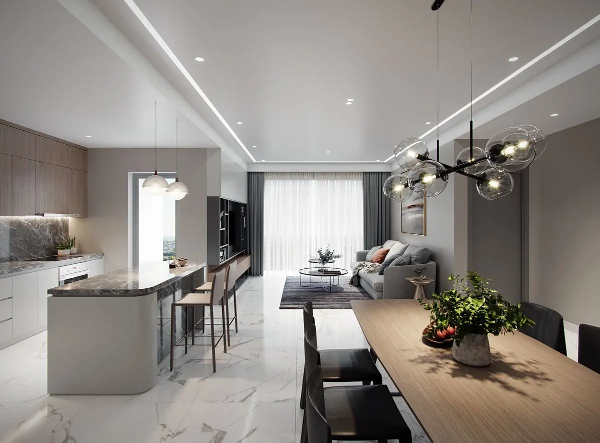 Thi công nội thất phòng khách liền bếp đẹp