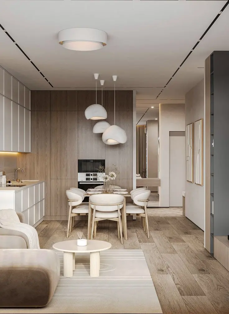 Thiết kế nội thất phòng khách liền bếp tối giản