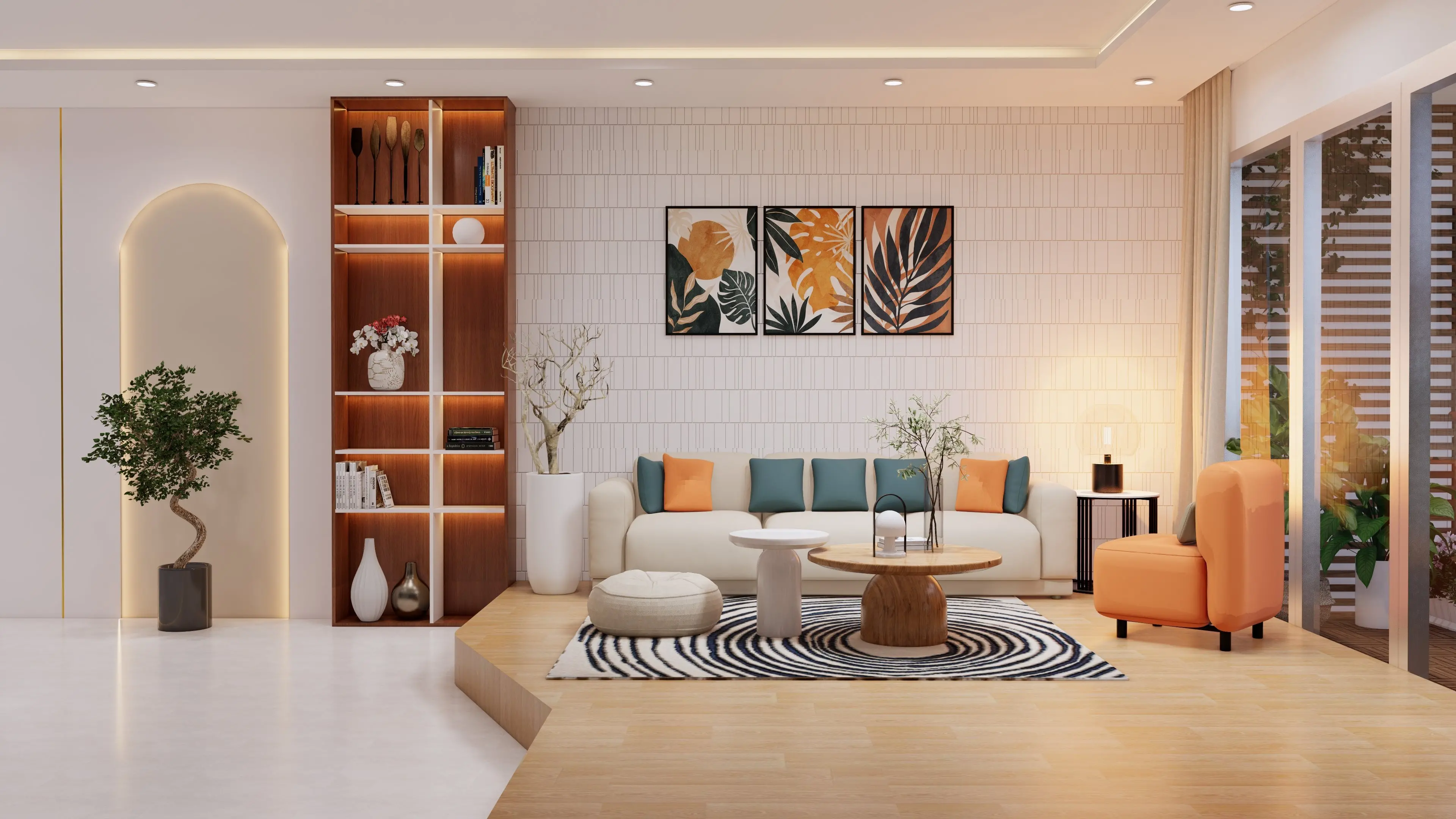 Sofa lớn tông trắng trong phòng khách căn hộ chung cư hiện đại