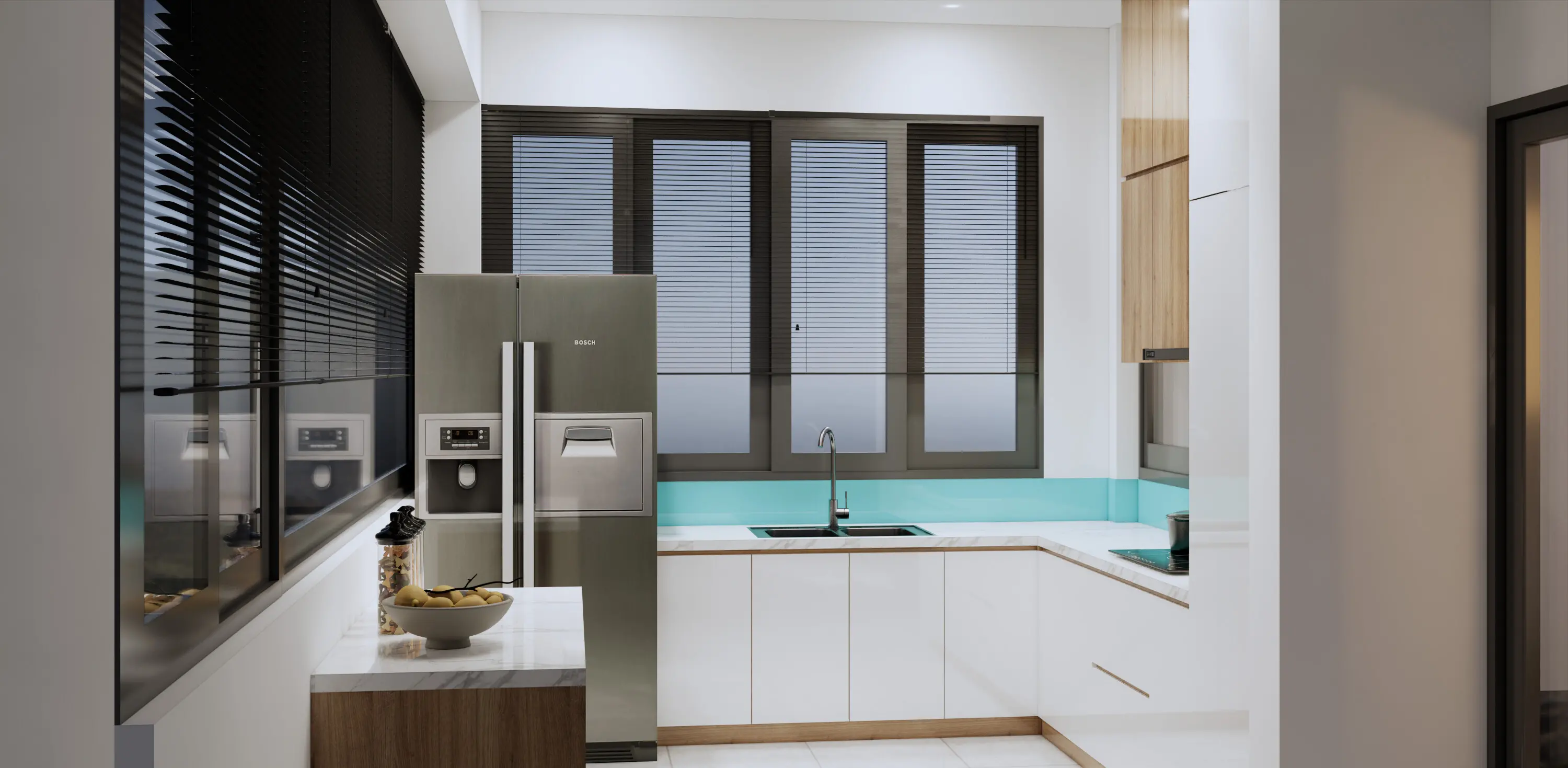 Bố trí bếp theo tam giác với tủ lạnh, bếp nấu và chậu rửa