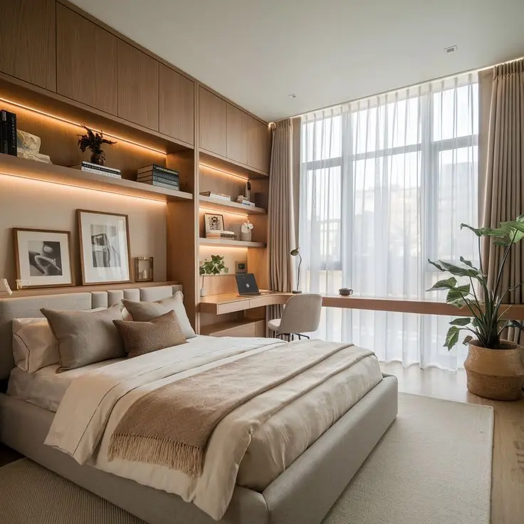 Tận dụng đầu giường bằng kệ trang trí, tủ đồ cho thiết kế nội thất phòng ngủ