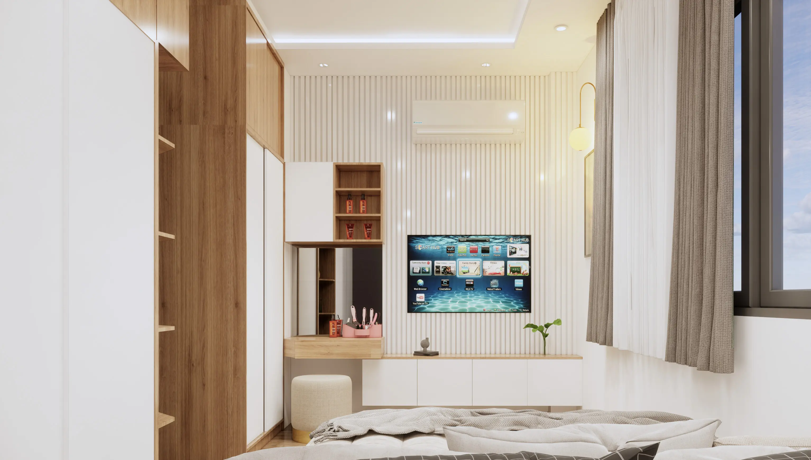 Hệ tủ âm tường kết hợp kệ tivi và bàn trang điểm