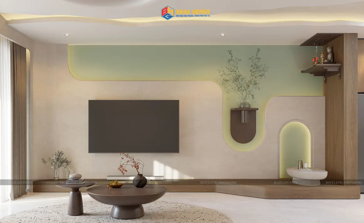 Kệ tivi phòng khách căn hộ của anh Quốc