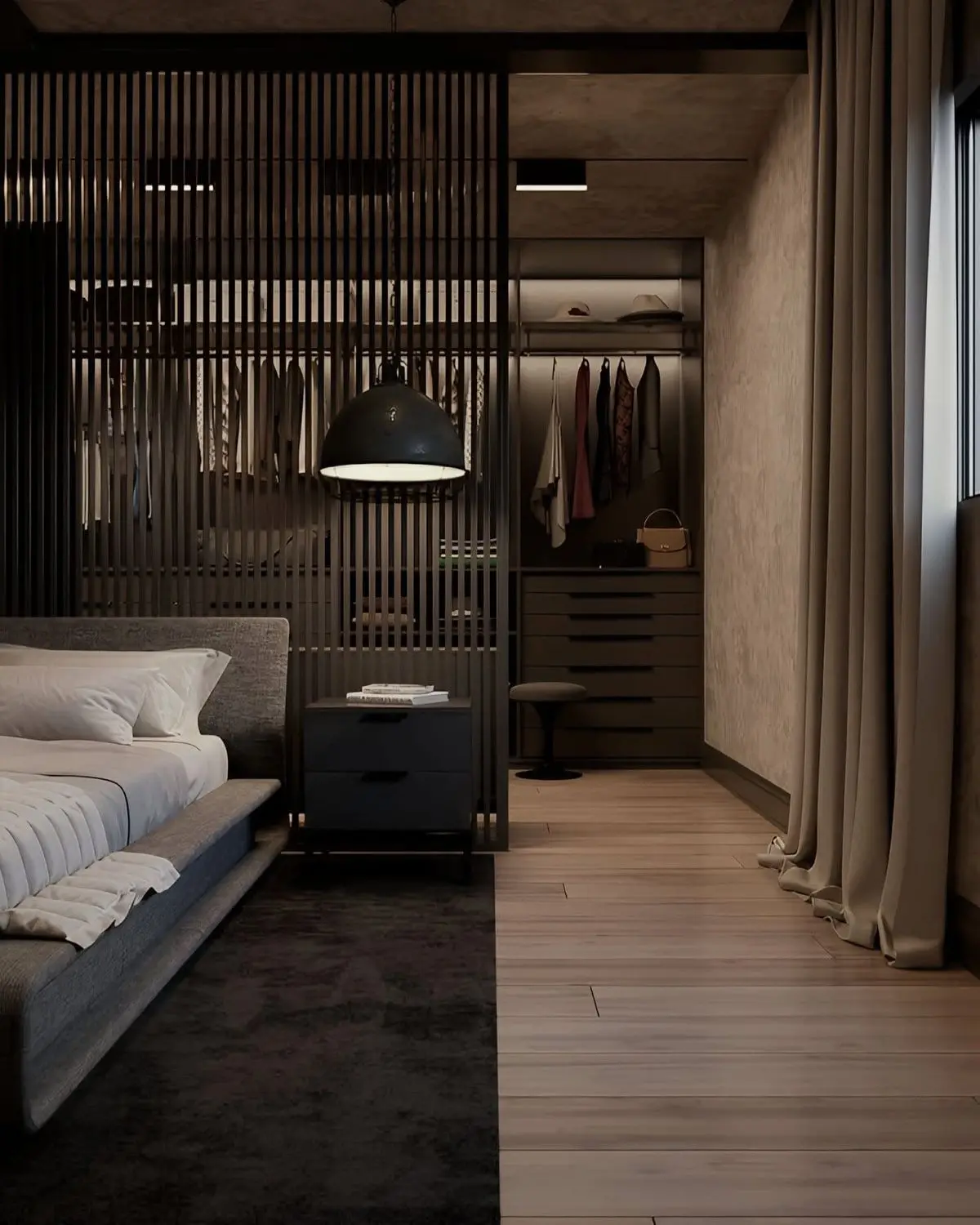 Vách ngăn nhẹ giữa không gian giường ngủ và thay đồ