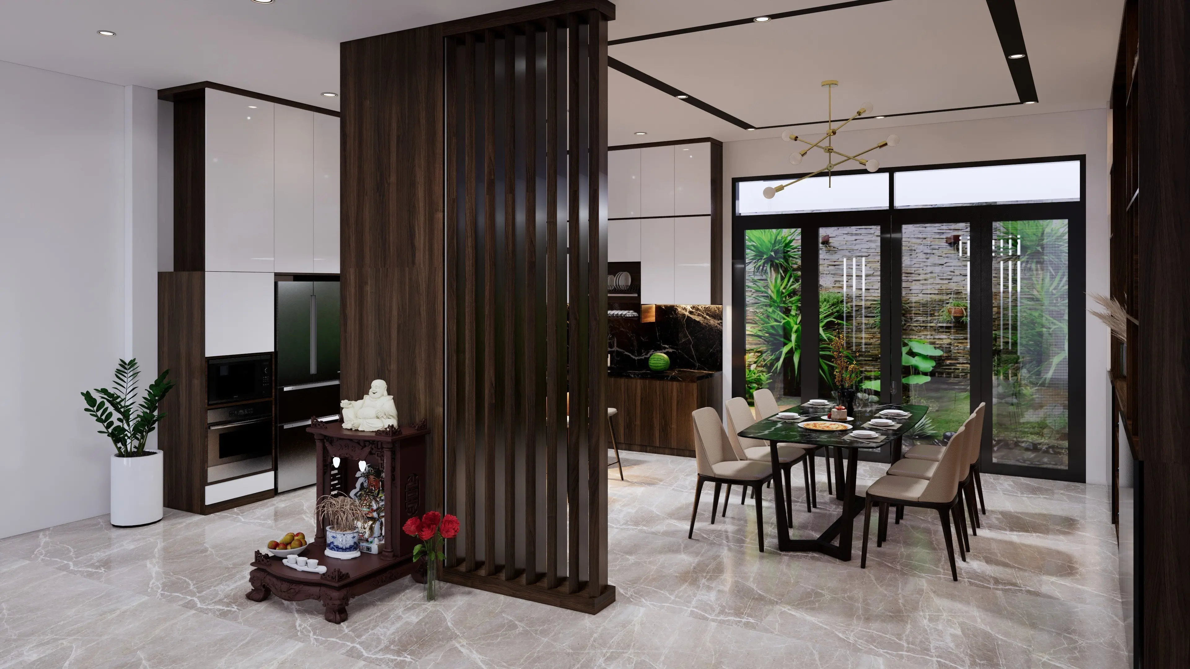  Vách ngăn gỗ CNC phòng khách và phòng bếp nhà anh Bé