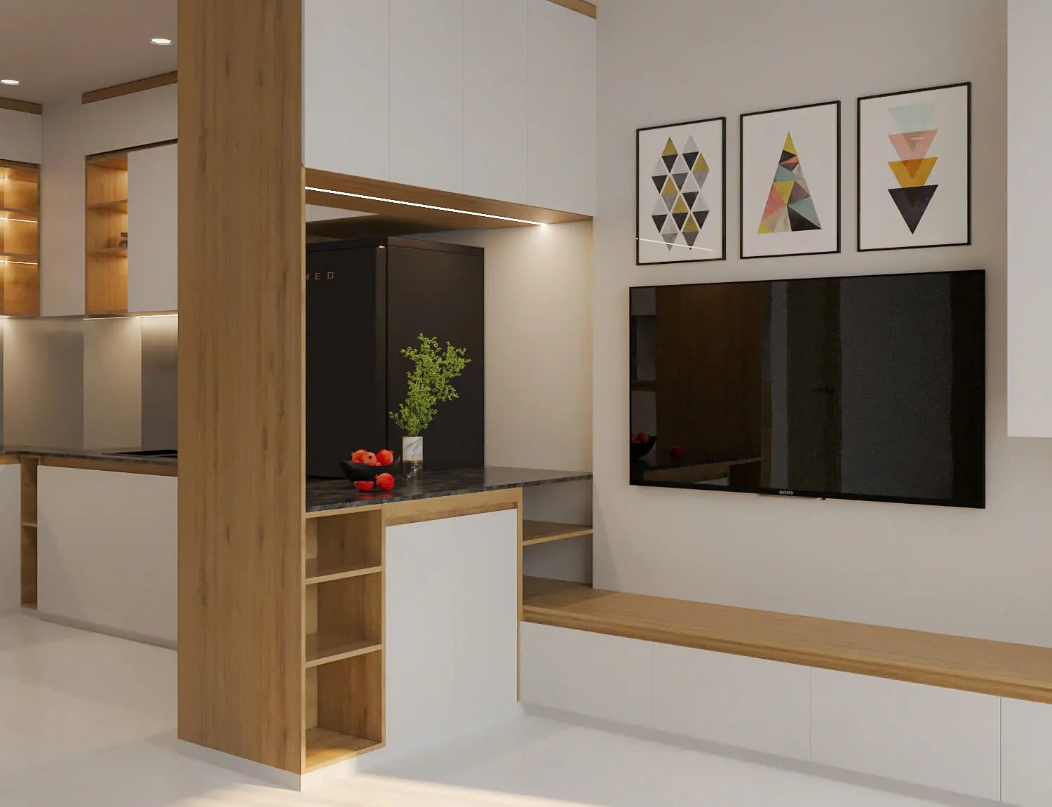 Vách ngăn trang trí phân chia không gian phòng khách và bếp